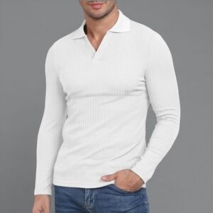 YTD Ribbed Knit Slim Fit Muscle Polo Shirt V Neck Off White NEW Men's M